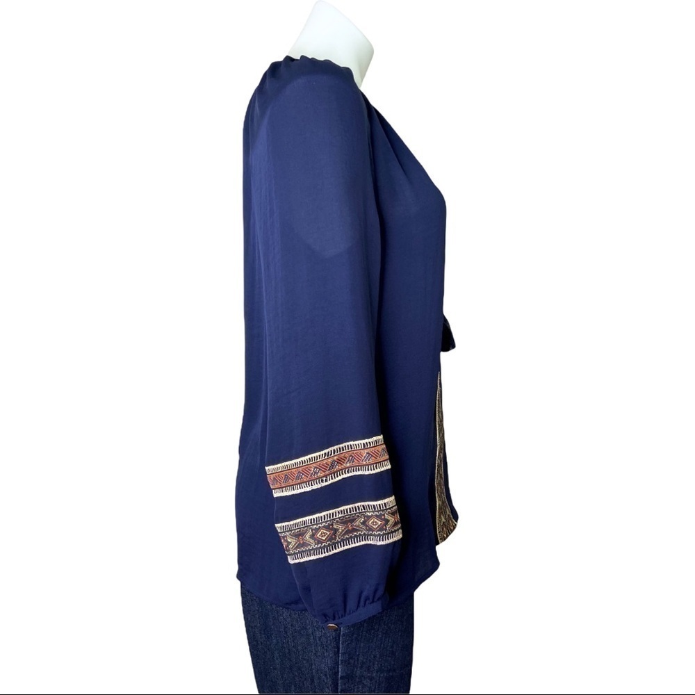 Chico's Blue Boho Tassel Tie Long Sleeve Blouse Small - Picture 2 of 10